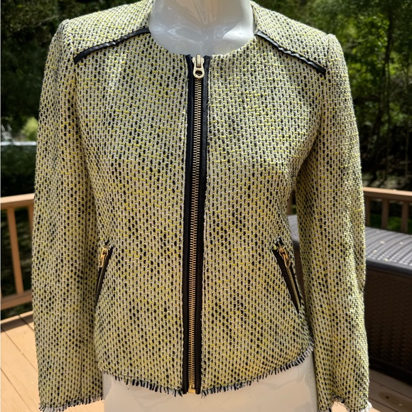 Juicy Couture Yellow/Green Tweed Jacket front zip faux leather trim size small - Picture 2 of 13